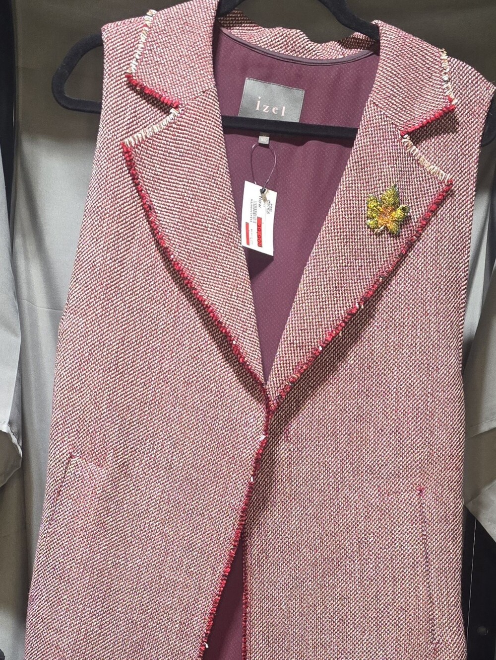 Women Small Blazer Vest Trench Coat Tweed Classic Textured Layer, Burgundy